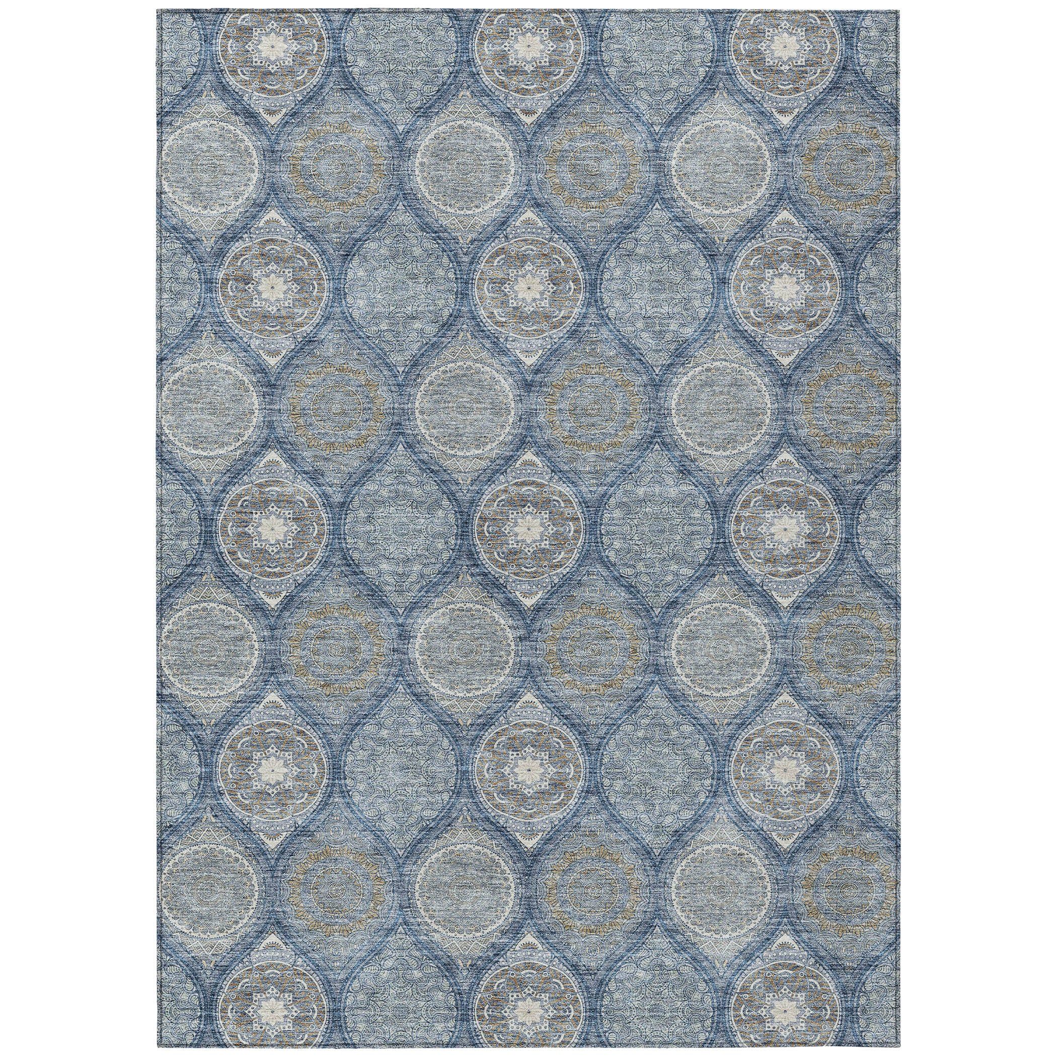 9 X 12 Navy Blue Ivory And Taupe Floral Medallion Washable Indoor Outdoor Area Rug