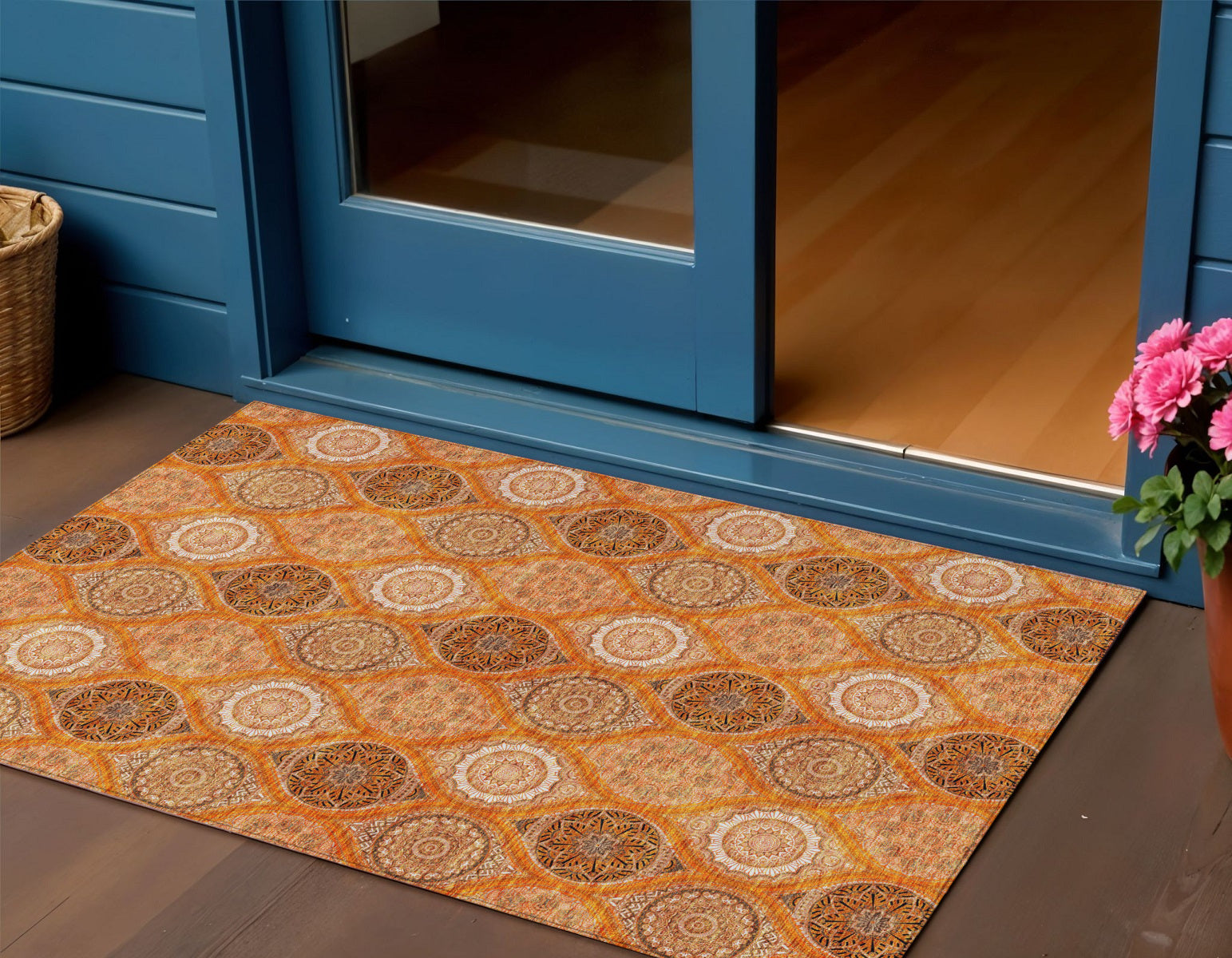3 X 5 Orange Ivory And Gray Floral Medallion Washable Indoor Outdoor Area Rug