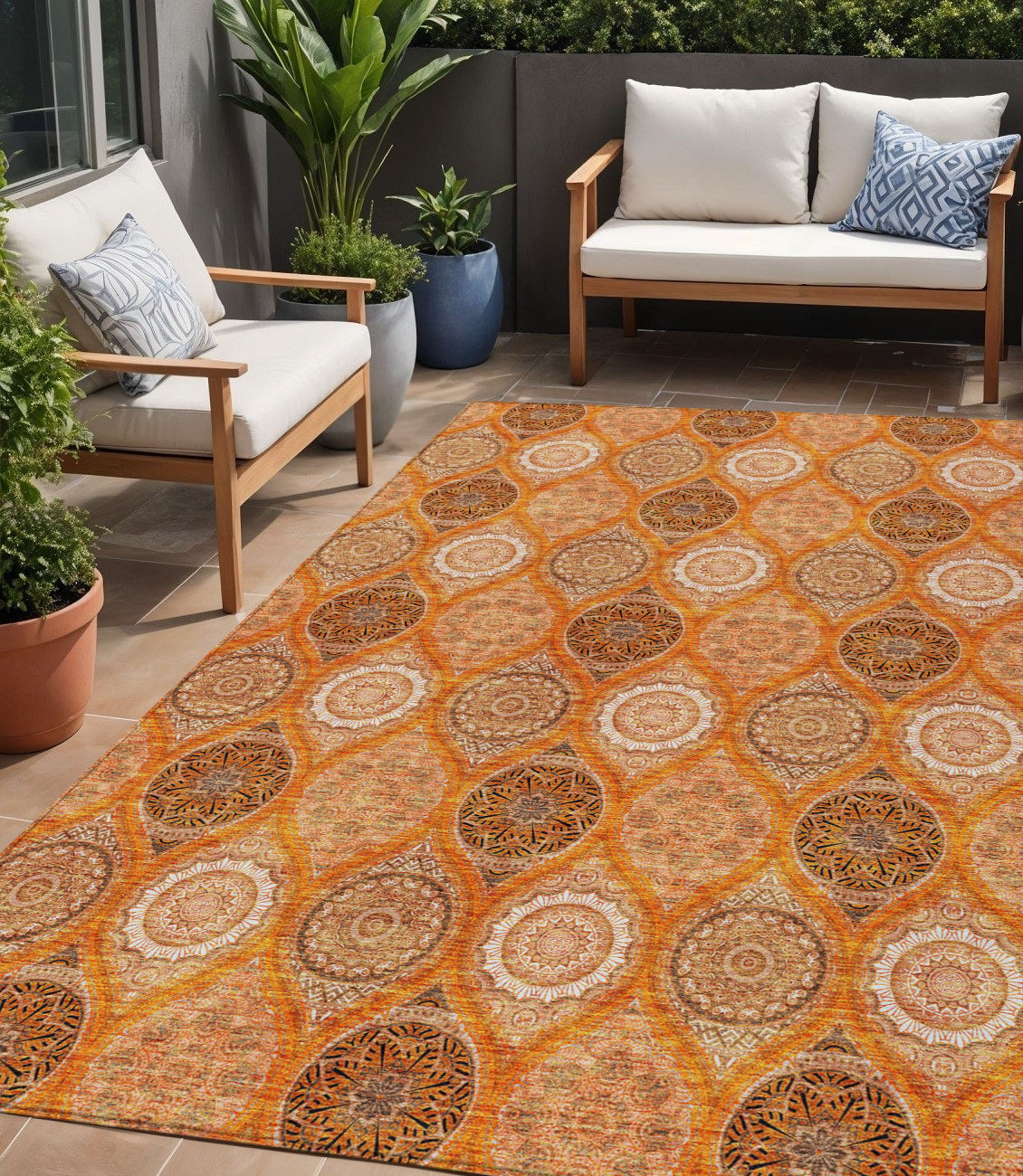 5 X 8 Orange Ivory And Gray Floral Medallion Washable Indoor Outdoor Area Rug