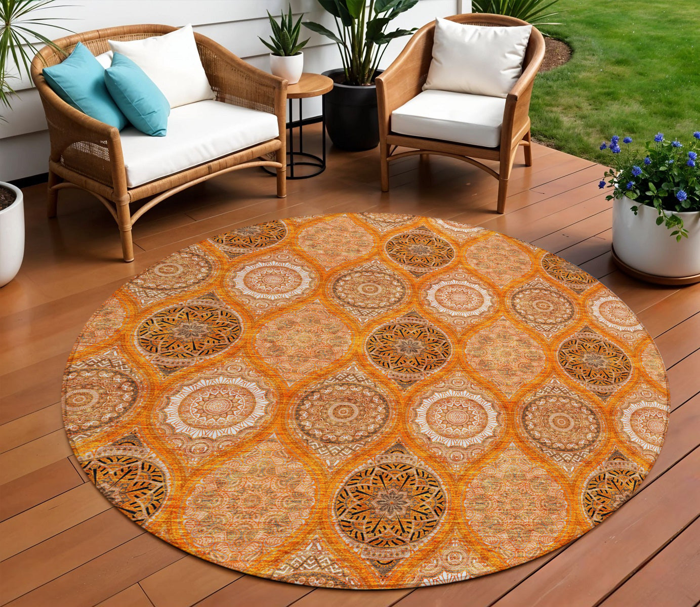 8 Orange Ivory And Gray Round Floral Medallion Washable Indoor Outdoor Area Rug