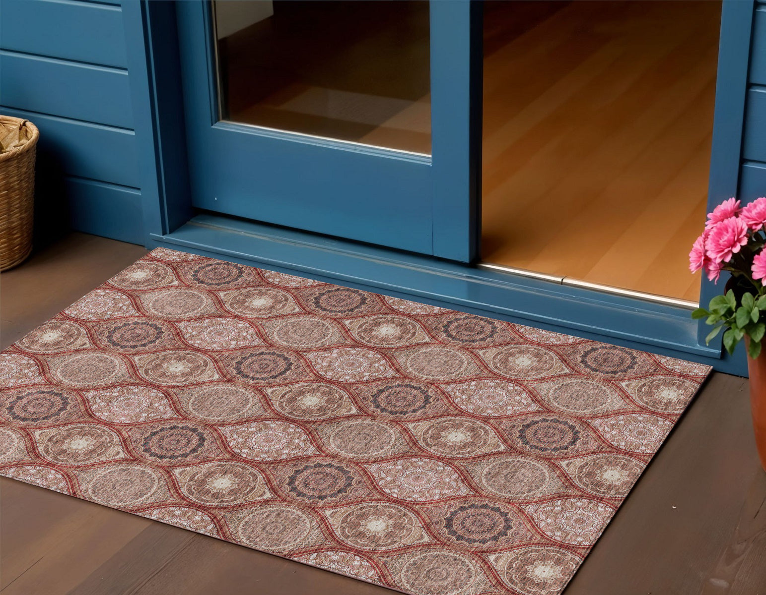 3 X 5 Orange Beige And Gray Floral Medallion Washable Indoor Outdoor Area Rug