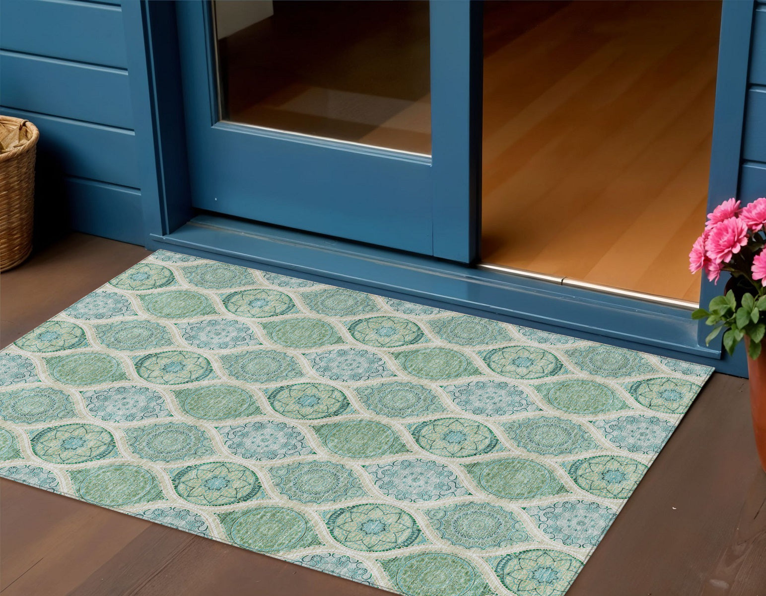 3 X 5 Sage Ivory And Teal Blue Floral Medallion Washable Indoor Outdoor Area Rug