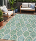 5 X 8 Sage Ivory And Teal Blue Floral Medallion Washable Indoor Outdoor Area Rug