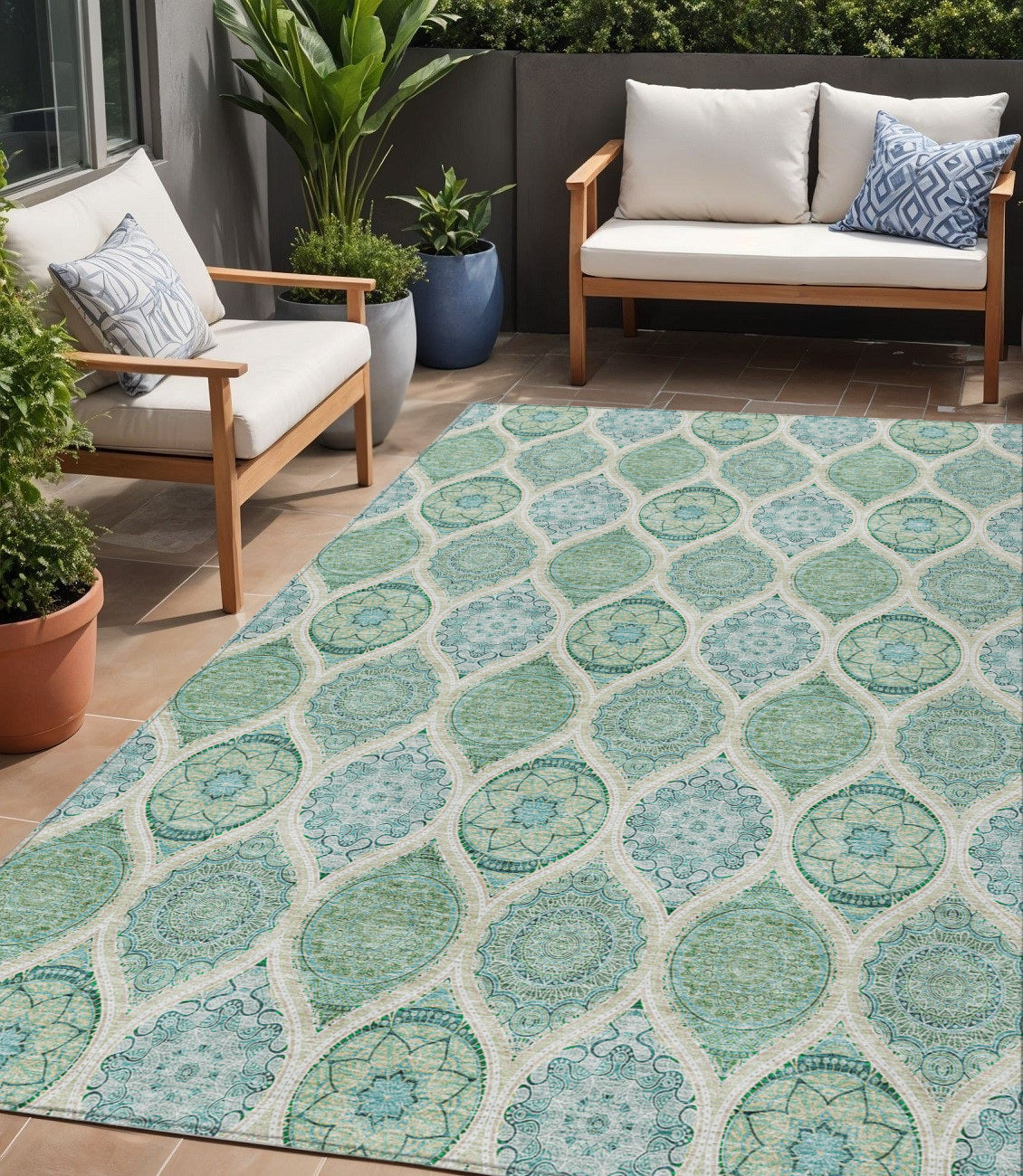5 X 8 Sage Ivory And Teal Blue Floral Medallion Washable Indoor Outdoor Area Rug