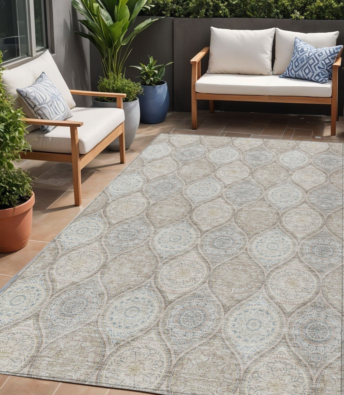 5 X 8 Taupe Beige And Khaki Floral Medallion Washable Indoor Outdoor Area Rug