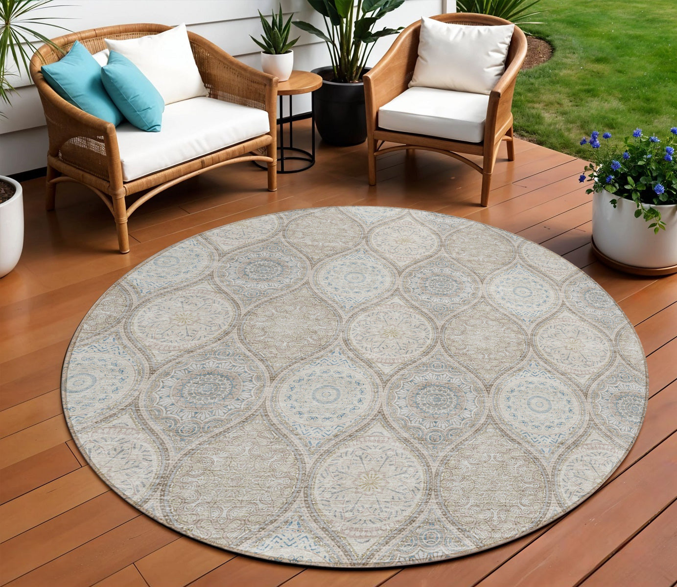 8 Taupe Beige And Khaki Round Floral Medallion Washable Indoor Outdoor Area Rug