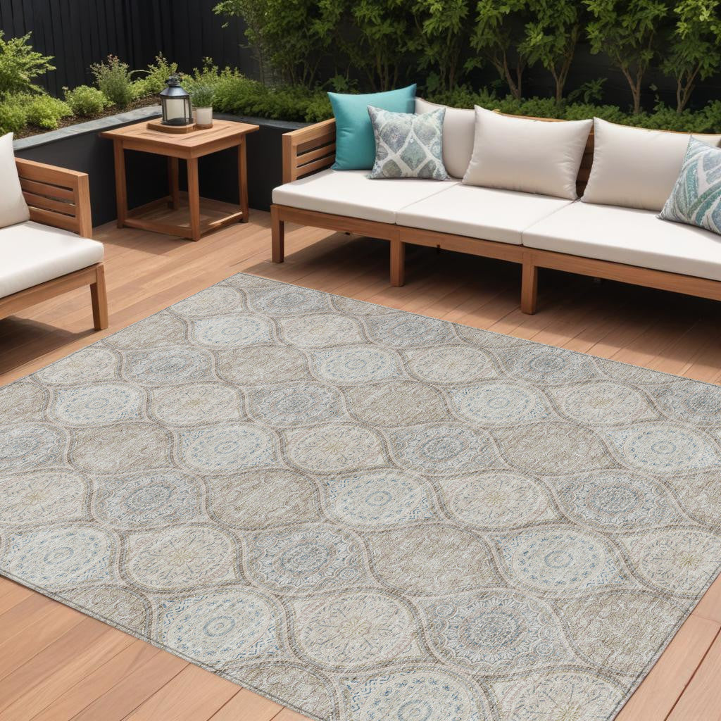 9 X 12 Taupe Beige And Khaki Floral Medallion Washable Indoor Outdoor Area Rug