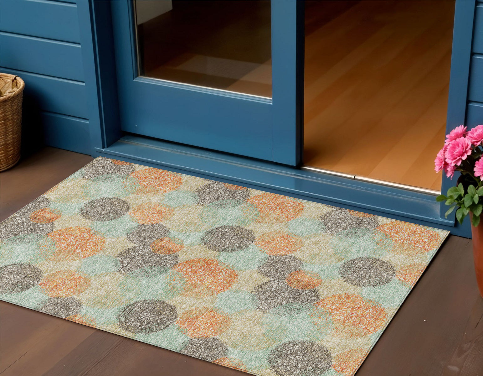 3 X 5 Beige Aqua And Orange Polka Dot Washable Indoor Outdoor Area Rug