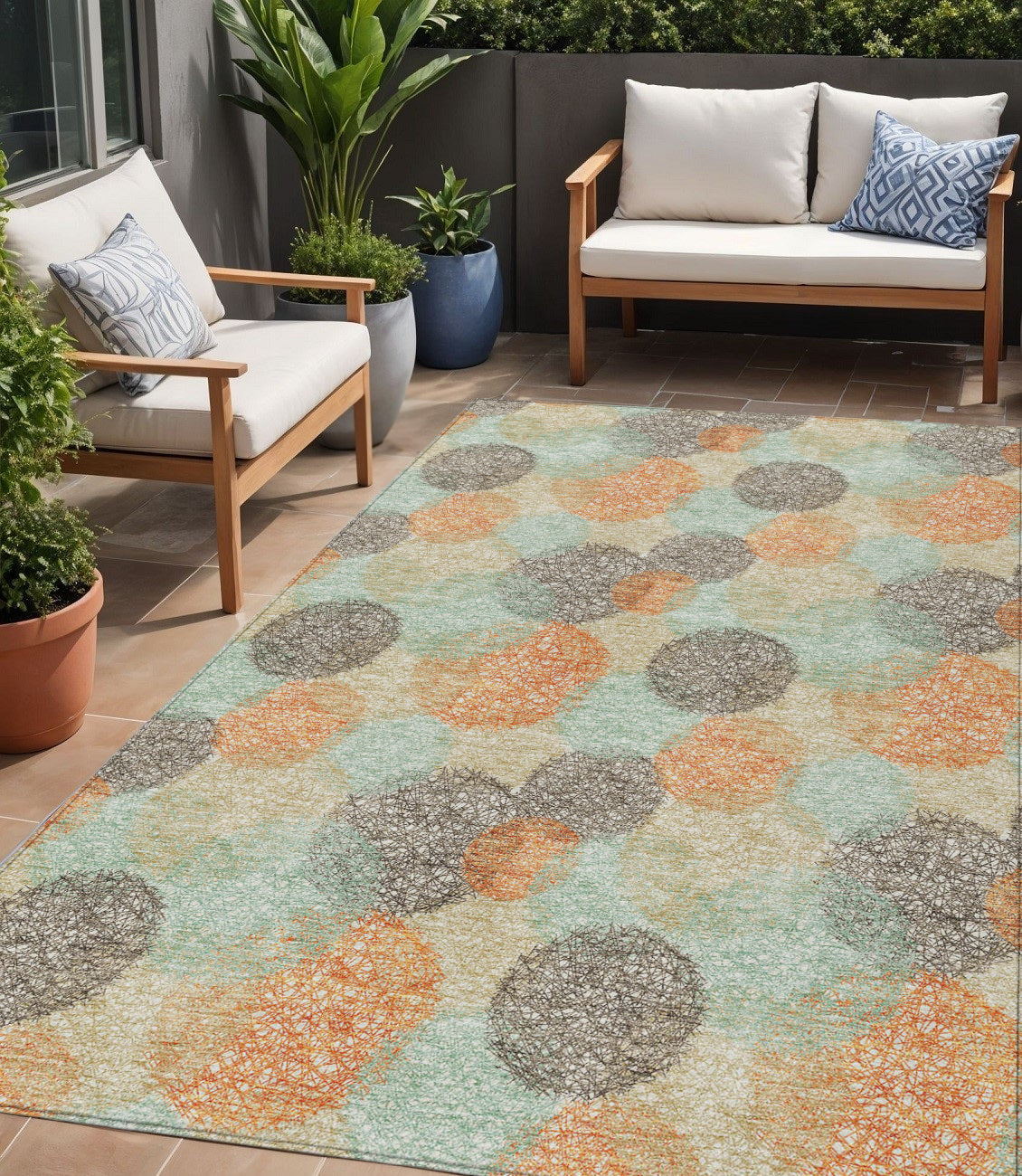 5 X 8 Beige Aqua And Orange Polka Dot Washable Indoor Outdoor Area Rug