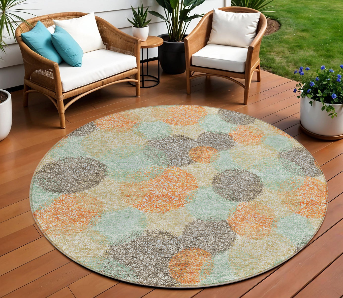 8 Beige Aqua And Orange Round Polka Dot Washable Indoor Outdoor Area Rug
