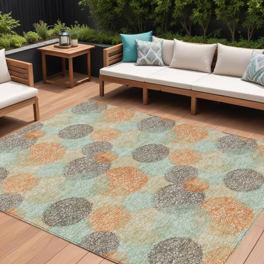 9 X 12 Beige Aqua And Orange Polka Dot Washable Indoor Outdoor Area Rug