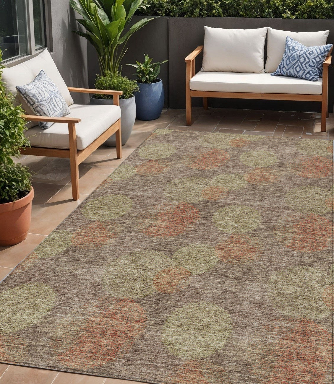 5 X 8 Brown Taupe And Sage Polka Dot Washable Indoor Outdoor Area Rug