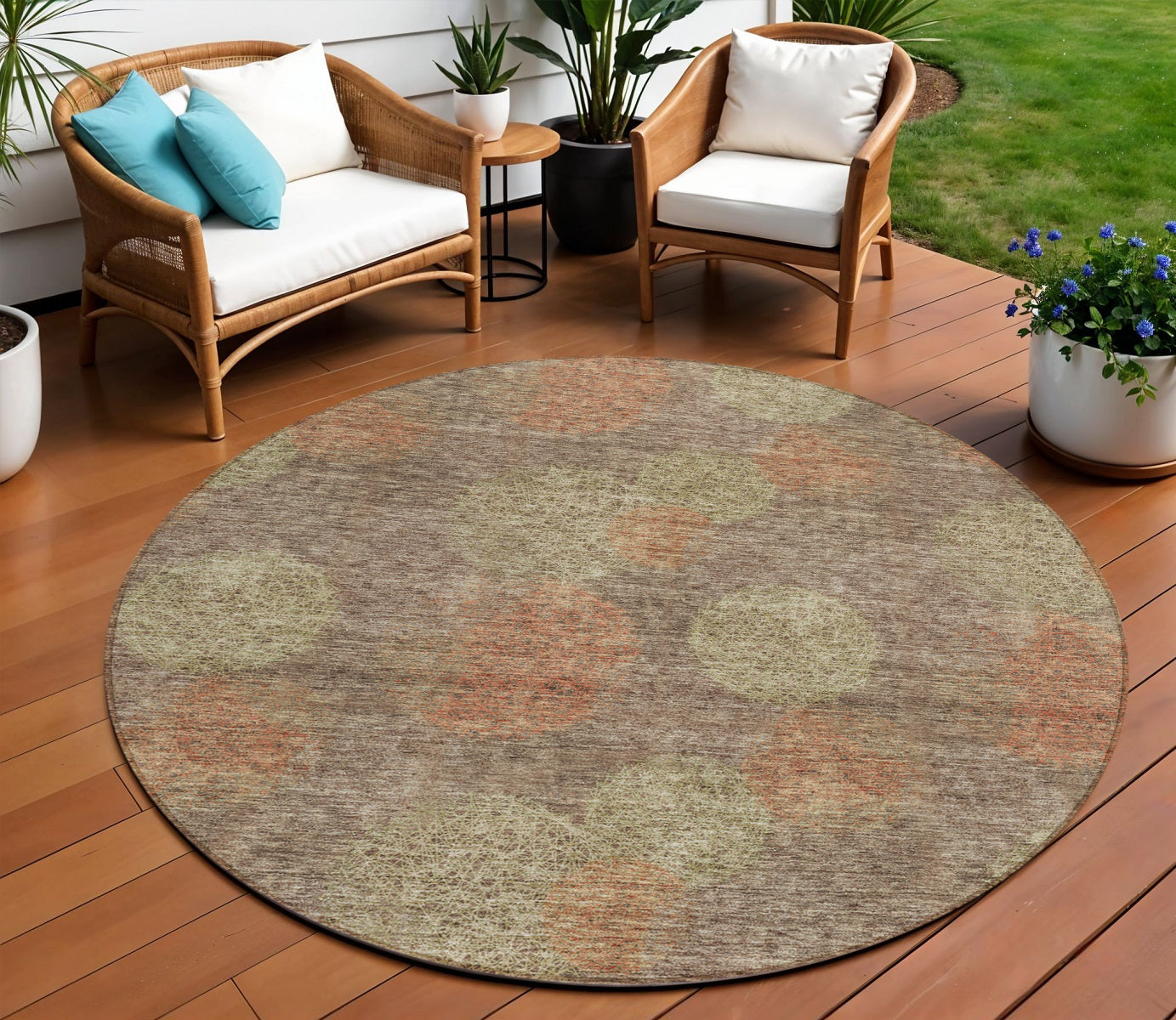 8 Brown Taupe And Sage Round Polka Dot Washable Indoor Outdoor Area Rug
