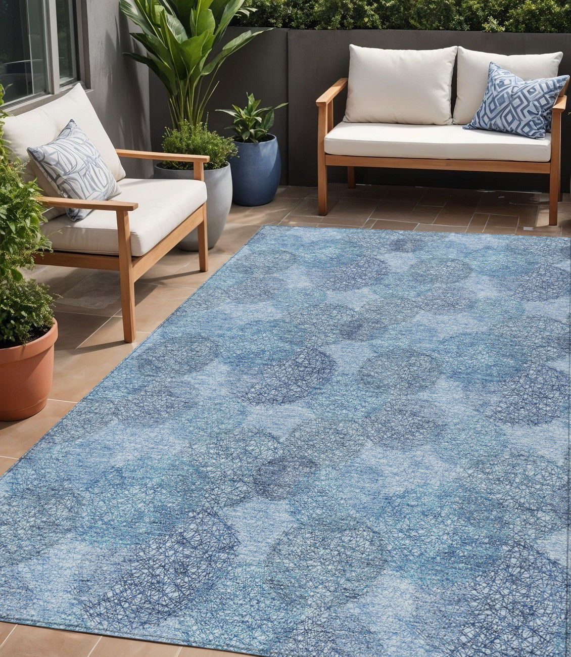 5 X 8 Denim Blue Navy Blue And Ivory Polka Dot Washable Indoor Outdoor Area Rug