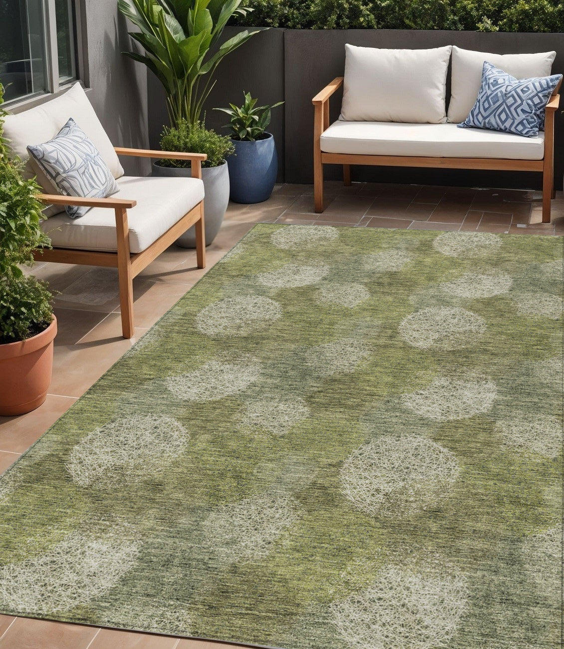 5 X 8 Green Ivory And Sage Polka Dot Washable Indoor Outdoor Area Rug