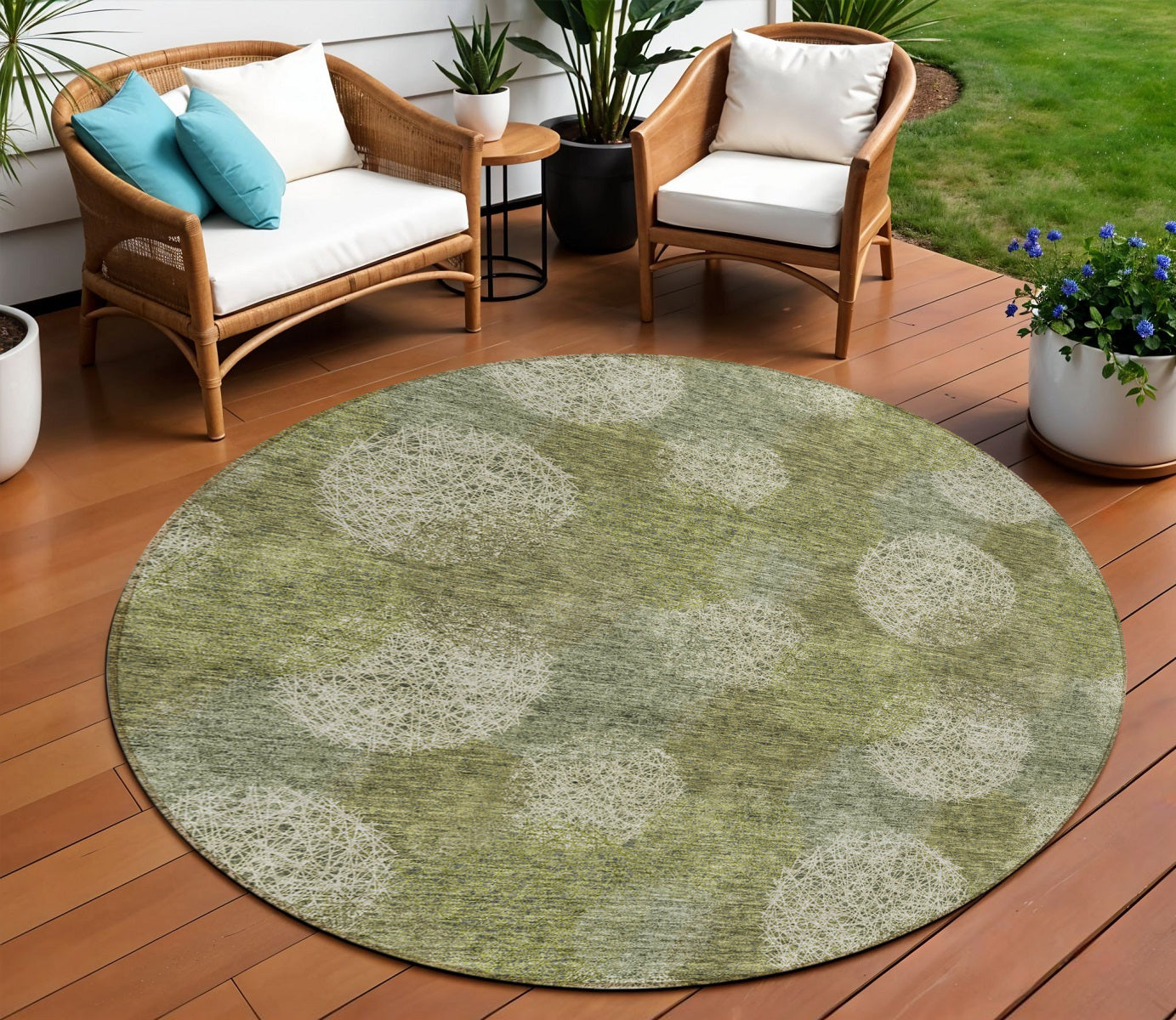 8 Green Ivory And Sage Round Polka Dot Washable Indoor Outdoor Area Rug