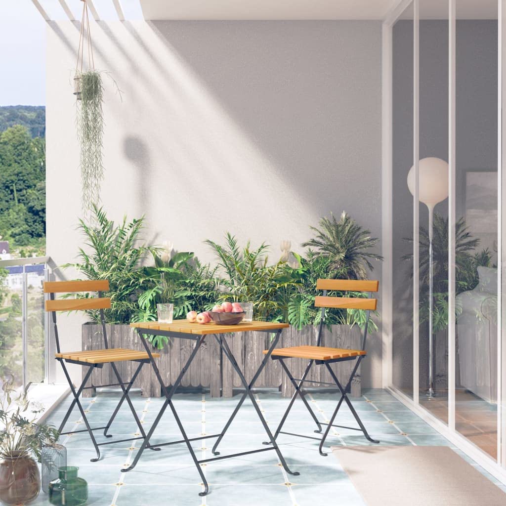 vidaXL 3 Piece Bistro Set - Foldable and Durable Design in Solid Acacia Wood and Sturdy Steel - Ideal for Indoor or Outdoor Dining