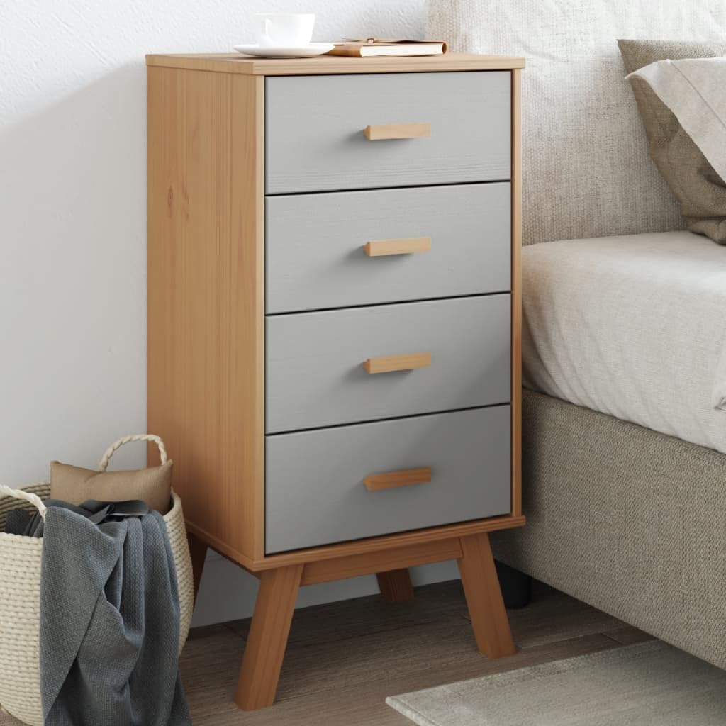 vidaXL Olden Bedside Cabinet - Scandinavian Solid Pine Wood Nightstand in Gray/Brown with 4 Drawers - 17.7&quot; x 15.4&quot; x 35.4&quot; for Bedroom Storage