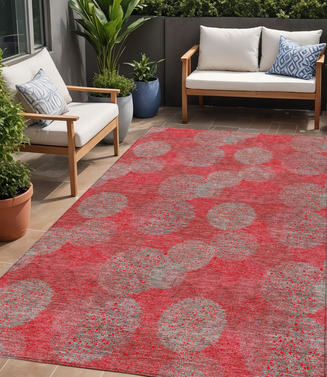 5 X 8 Red Gray And Silver Polka Dot Washable Indoor Outdoor Area Rug