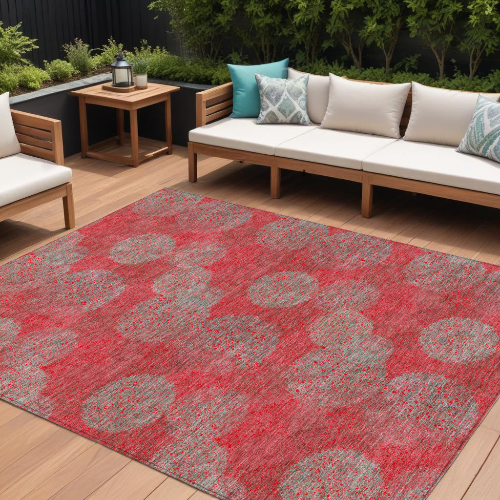 9 X 12 Red Gray And Silver Polka Dot Washable Indoor Outdoor Area Rug