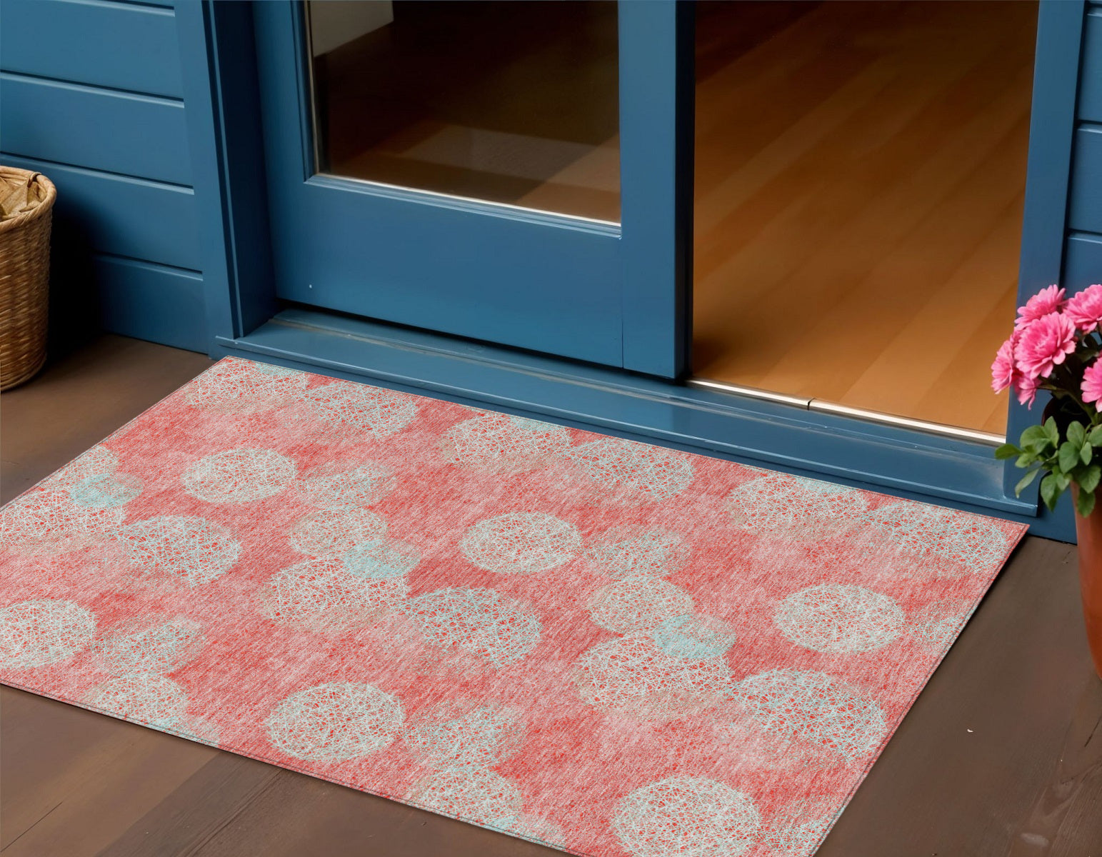 3 X 5 Salmon Ivory And Sky Blue Polka Dot Washable Indoor Outdoor Area Rug