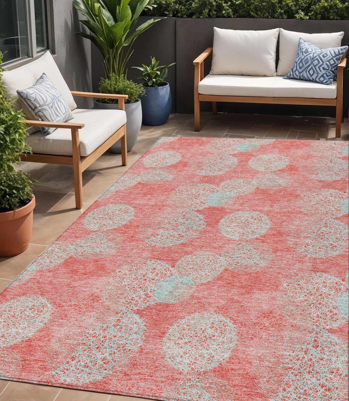 5 X 8 Salmon Ivory And Sky Blue Polka Dot Washable Indoor Outdoor Area Rug