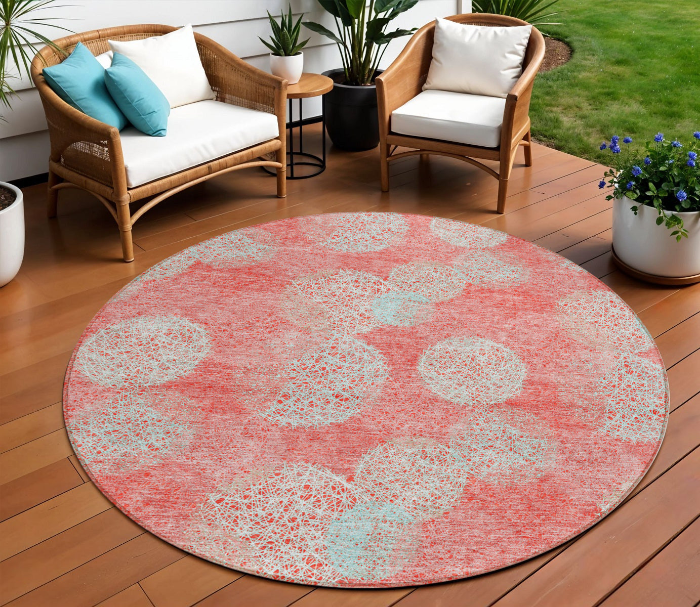 8 Salmon Ivory And Sky Blue Round Polka Dot Washable Indoor Outdoor Area Rug