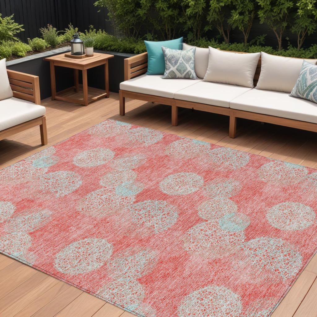 9 X 12 Salmon Ivory And Sky Blue Polka Dot Washable Indoor Outdoor Area Rug