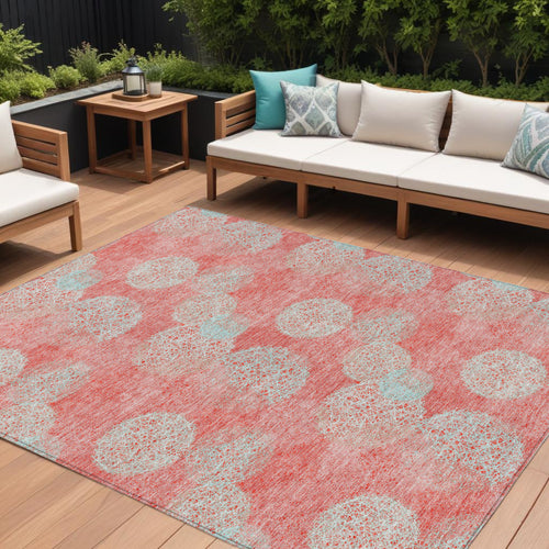 10 X 14 Salmon Ivory And Sky Blue Polka Dot Washable Indoor Outdoor Area Rug