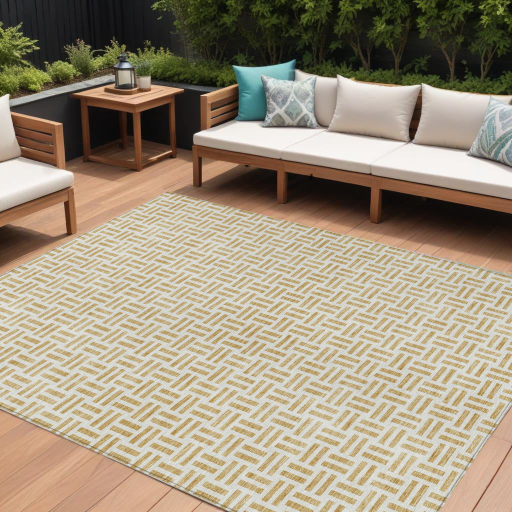 10 X 14 Gold And Ivory Geometric Washable Indoor Outdoor Area Rug
