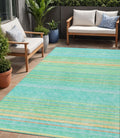 5 X 8 Aqua Green And Yellow Striped Washable Indoor Outdoor Area Rug