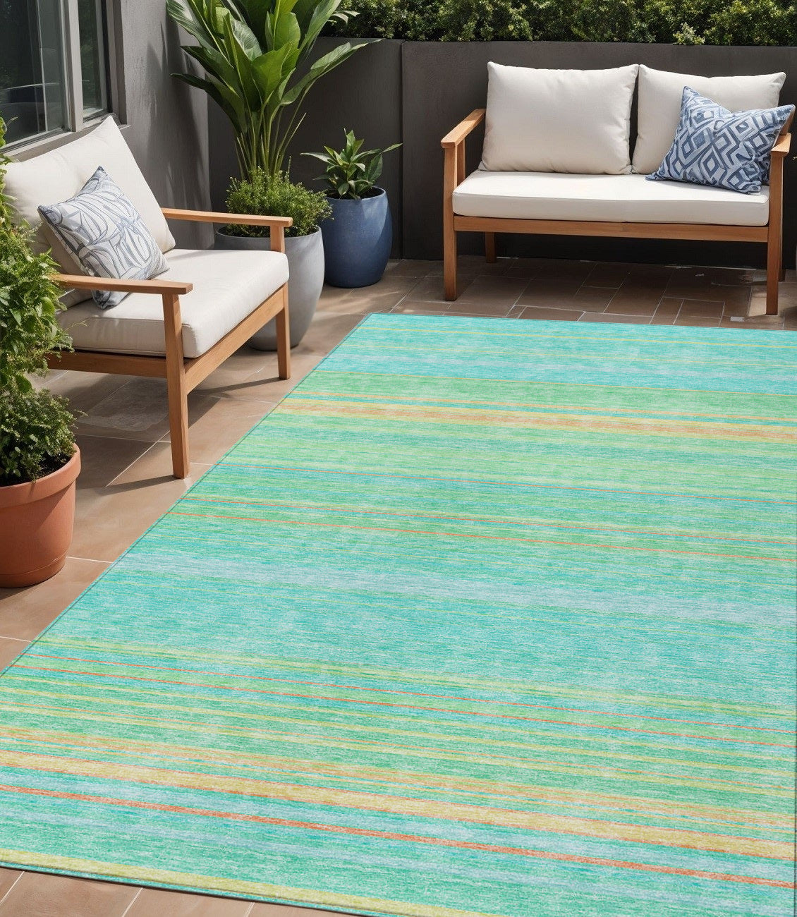 5 X 8 Aqua Green And Yellow Striped Washable Indoor Outdoor Area Rug