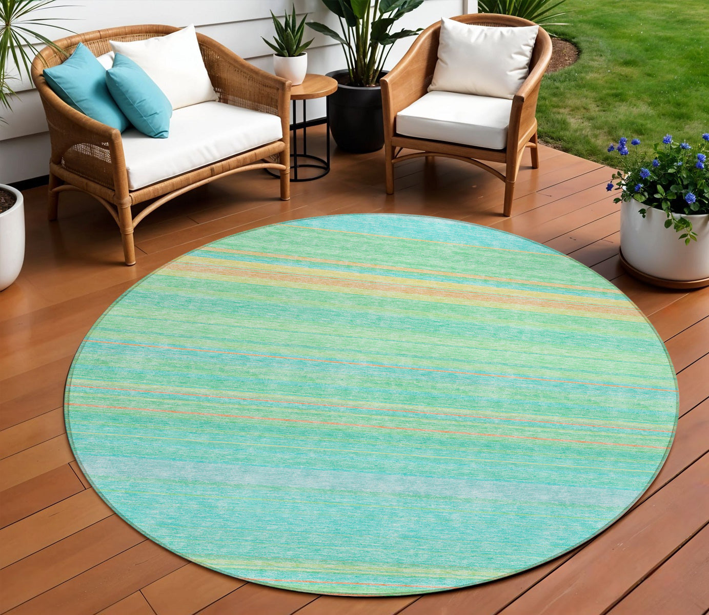 8 Aqua Green And Yellow Round Striped Washable Indoor Outdoor Area Rug