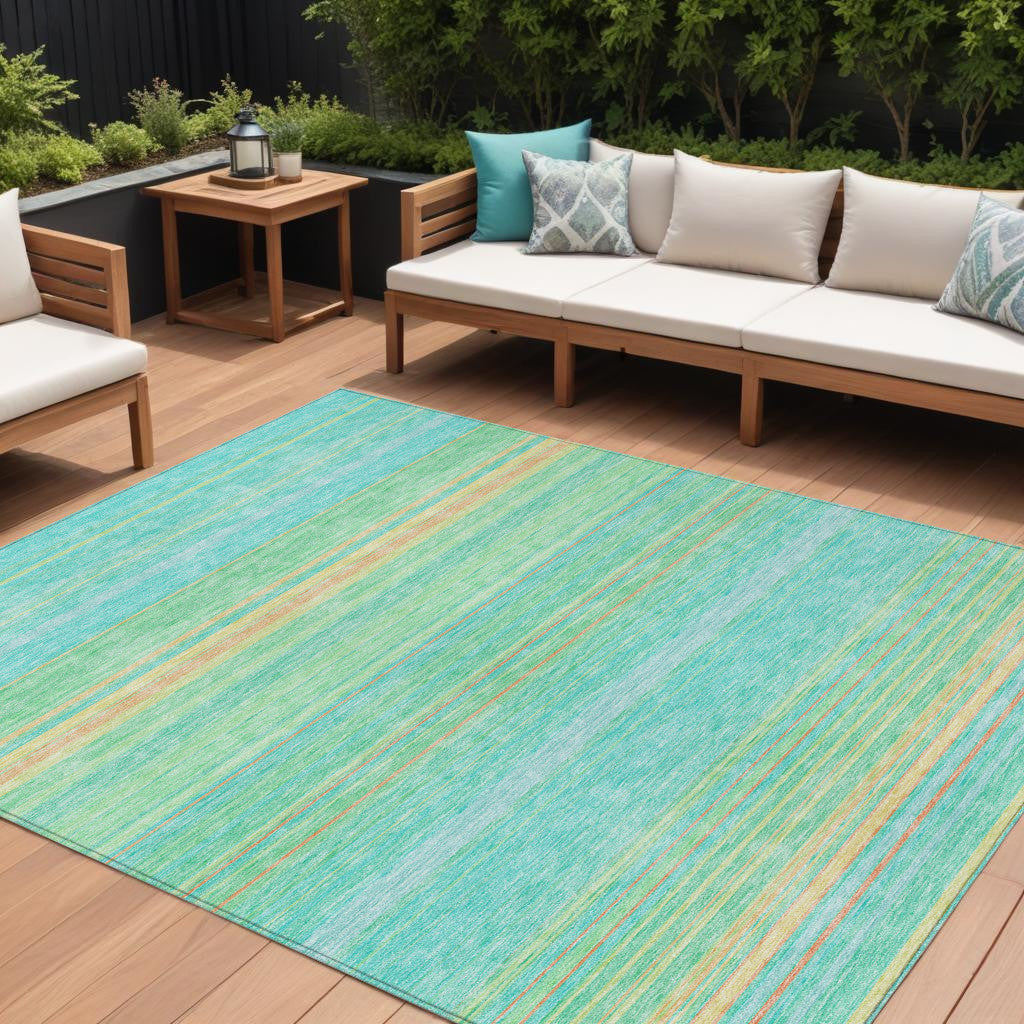 9 X 12 Aqua Green And Yellow Striped Washable Indoor Outdoor Area Rug