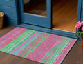 3 X 5 Blush Lime Green And Teal Blue Striped Washable Indoor Outdoor Area Rug