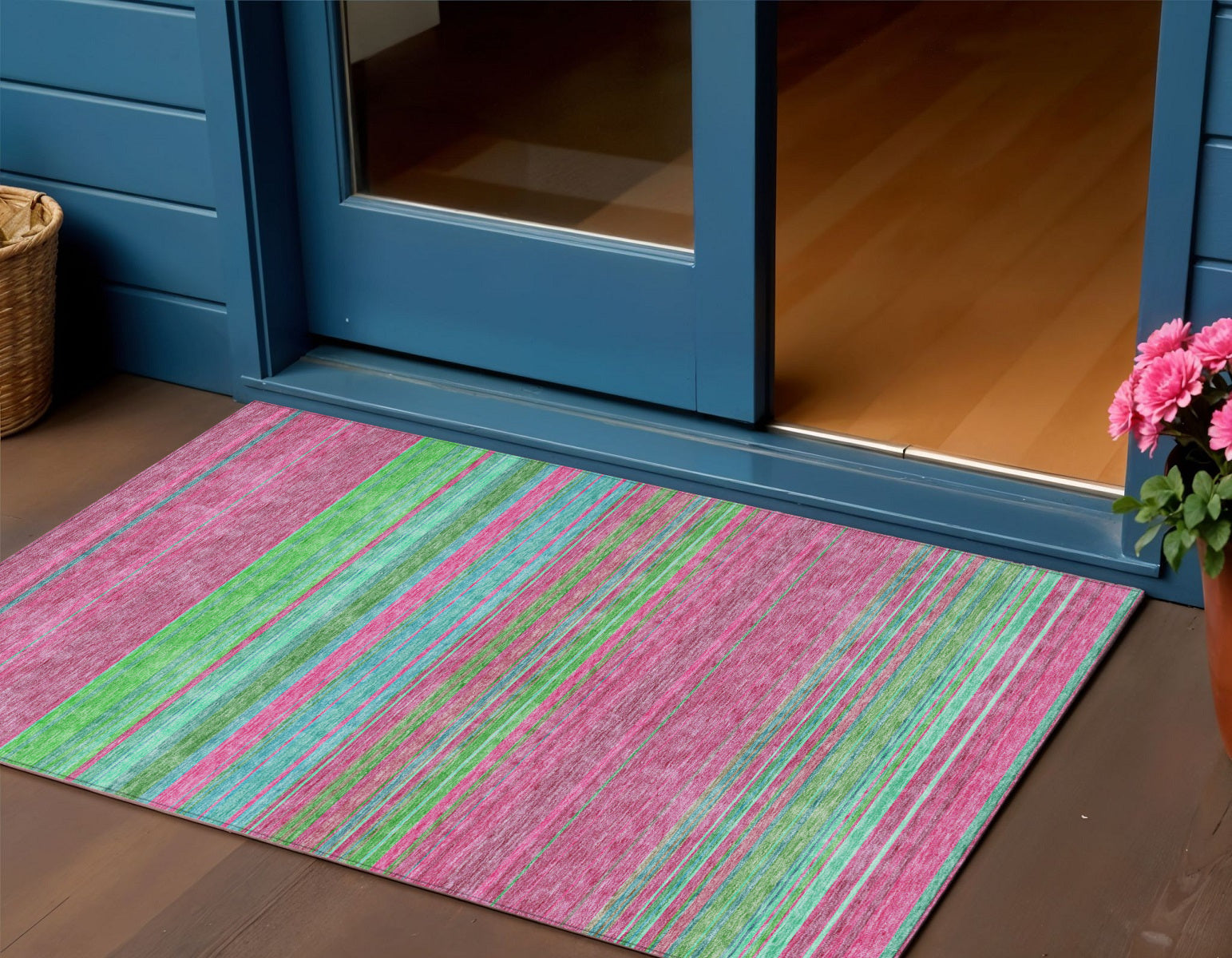 3 X 5 Blush Lime Green And Teal Blue Striped Washable Indoor Outdoor Area Rug