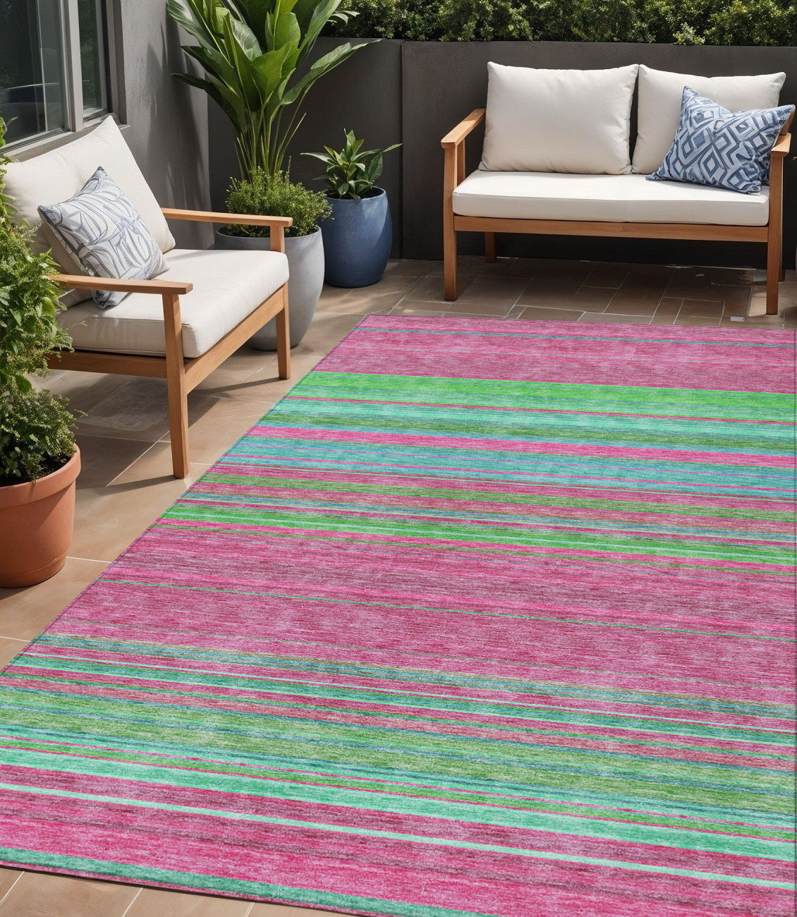 5 X 8 Blush Lime Green And Teal Blue Striped Washable Indoor Outdoor Area Rug