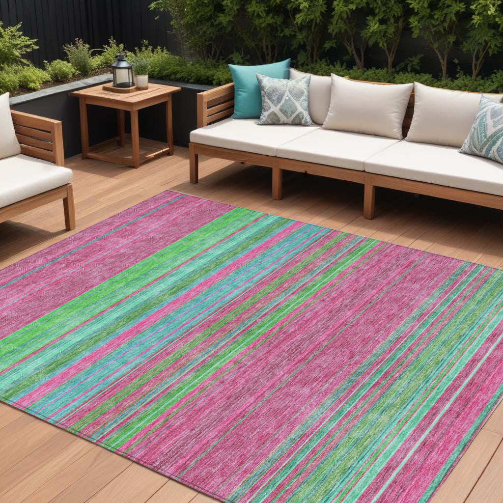 9 X 12 Blush Lime Green And Teal Blue Striped Washable Indoor Outdoor Area Rug