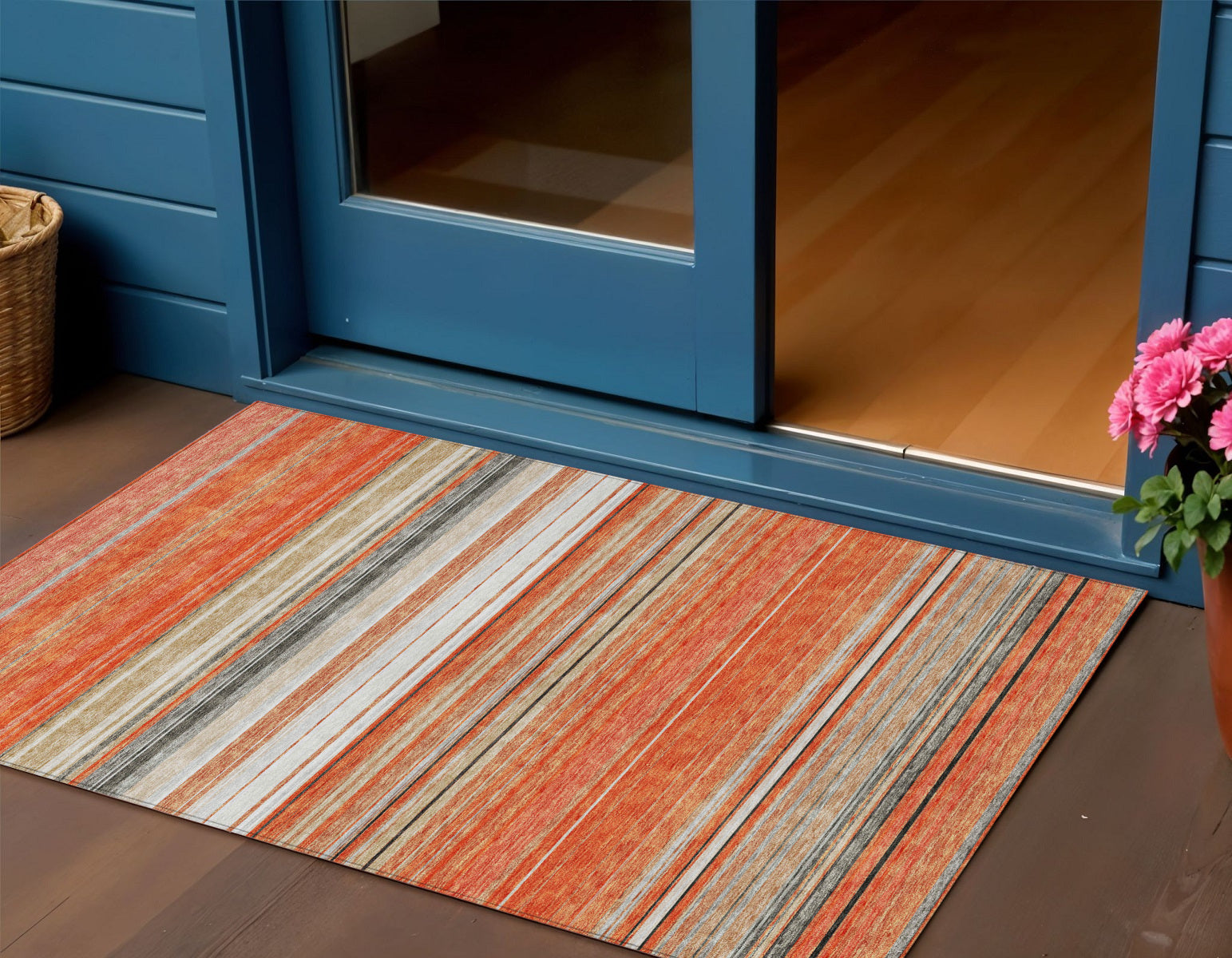 3 X 5 Coral Ivory And Gray Striped Washable Indoor Outdoor Area Rug