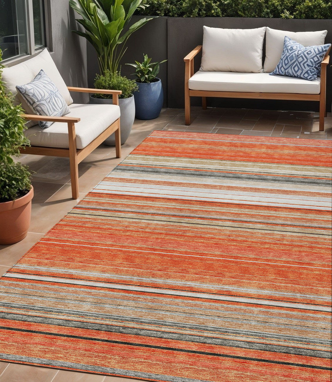 5 X 8 Coral Ivory And Gray Striped Washable Indoor Outdoor Area Rug