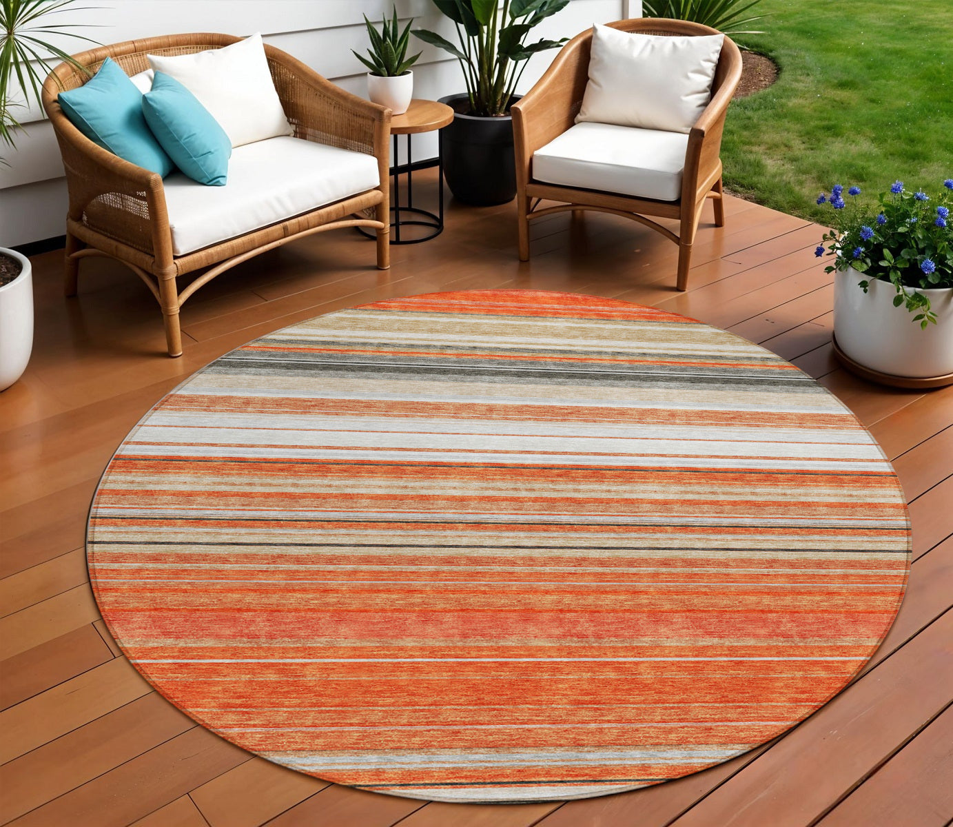 8 Coral Ivory And Gray Round Striped Washable Indoor Outdoor Area Rug