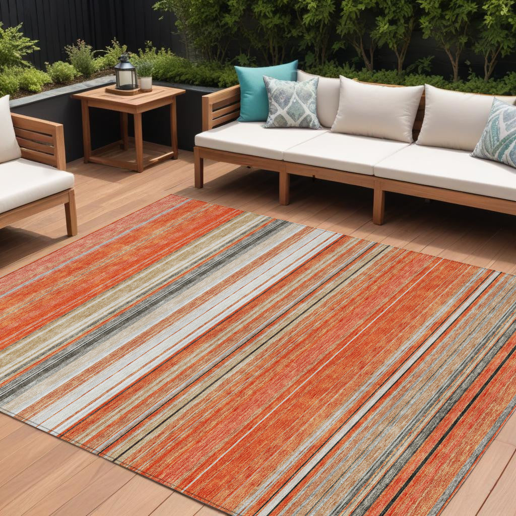 9 X 12 Coral Ivory And Gray Striped Washable Indoor Outdoor Area Rug