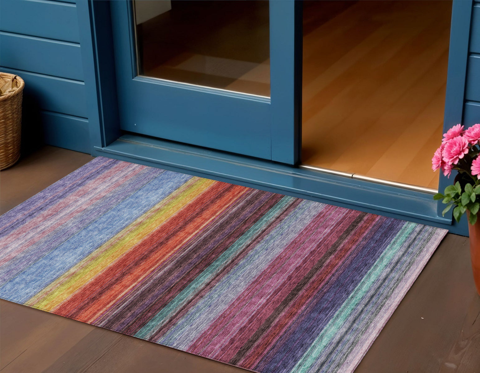 3 X 5 Lavender Blush And Blue Striped Washable Indoor Outdoor Area Rug