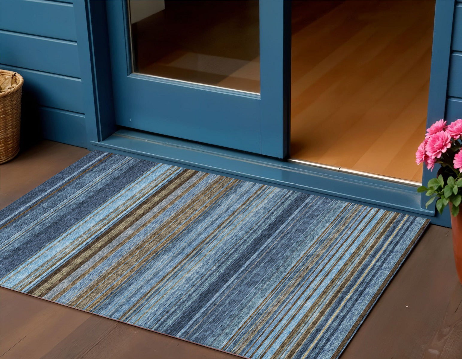 3 X 5 Navy Blue Sky Blue And Taupe Striped Washable Indoor Outdoor Area Rug