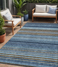 5 X 8 Navy Blue Sky Blue And Taupe Striped Washable Indoor Outdoor Area Rug