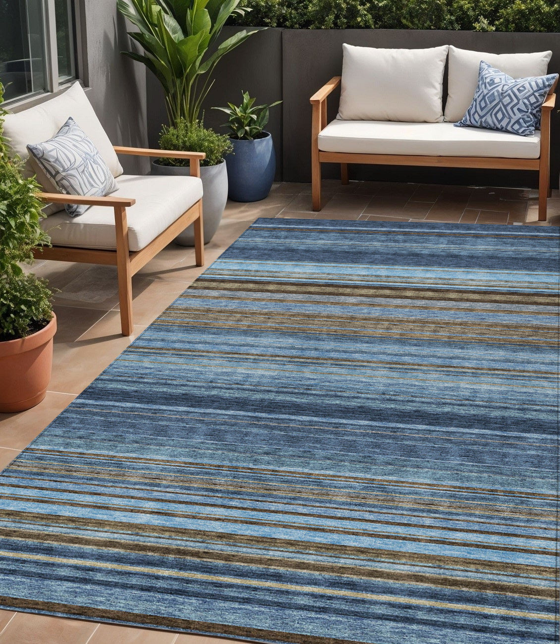 5 X 8 Navy Blue Sky Blue And Taupe Striped Washable Indoor Outdoor Area Rug