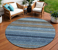8 Navy Blue Sky Blue And Taupe Round Striped Washable Indoor Outdoor Area Rug