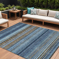 8 X 10 Navy Blue Sky Blue And Taupe Striped Washable Indoor Outdoor Area Rug