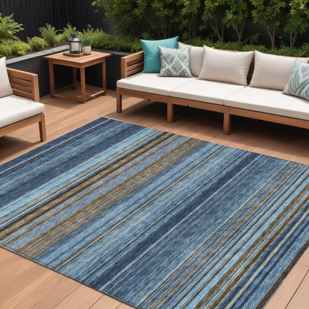 9 X 12 Navy Blue Sky Blue And Taupe Striped Washable Indoor Outdoor Area Rug