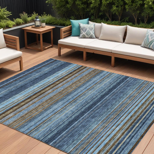 10 X 14 Navy Blue Sky Blue And Taupe Striped Washable Indoor Outdoor Area Rug